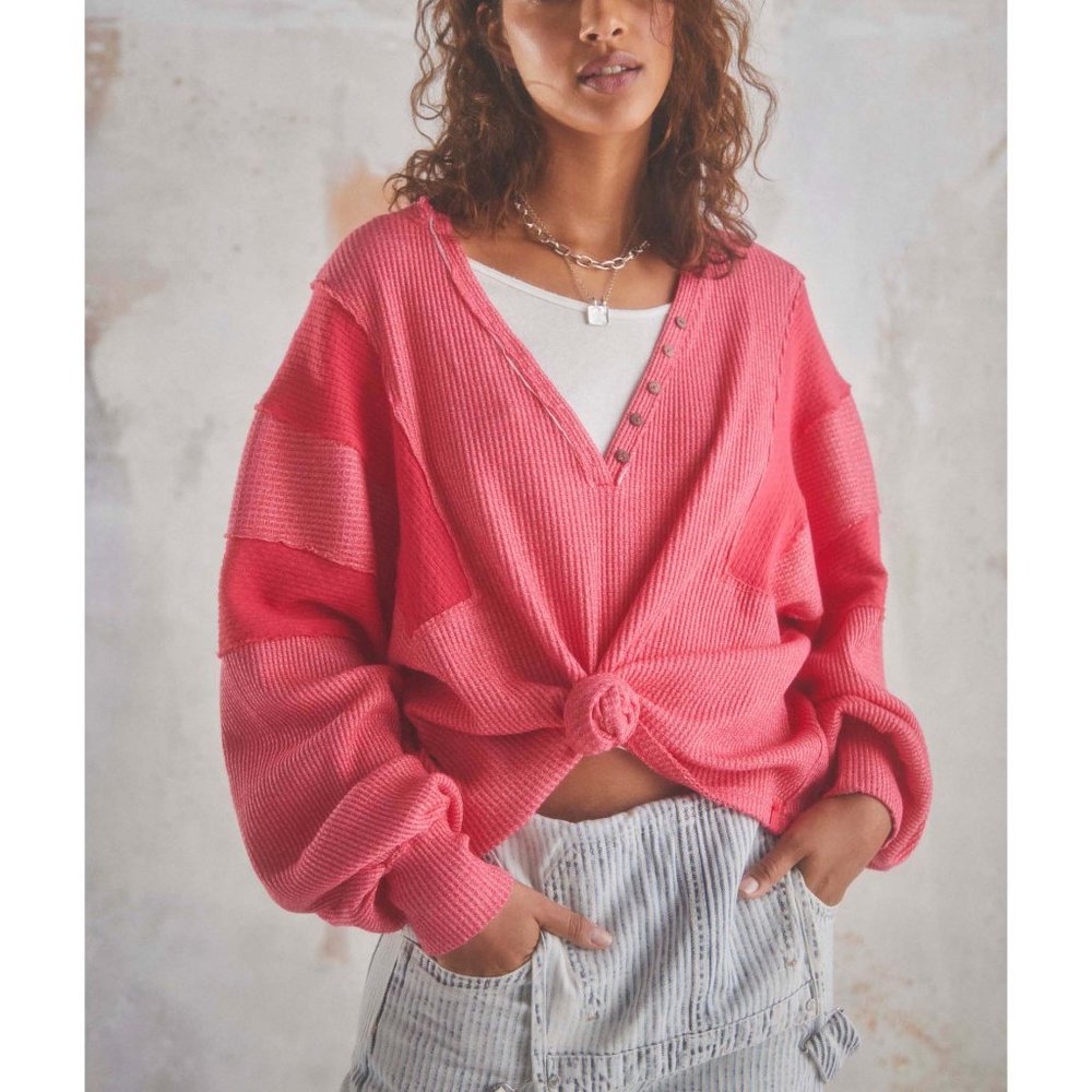 Free People Pink Ribbed V-Neck Long Sleeve Tee